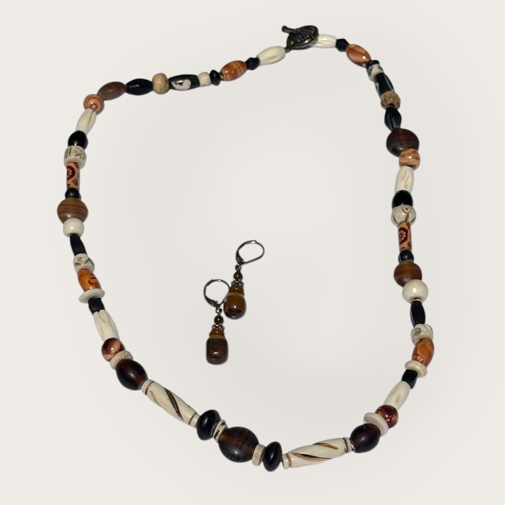 African Style Wood Bone Shell Bead Necklace & Tiger Eye Earrings Set Handmade